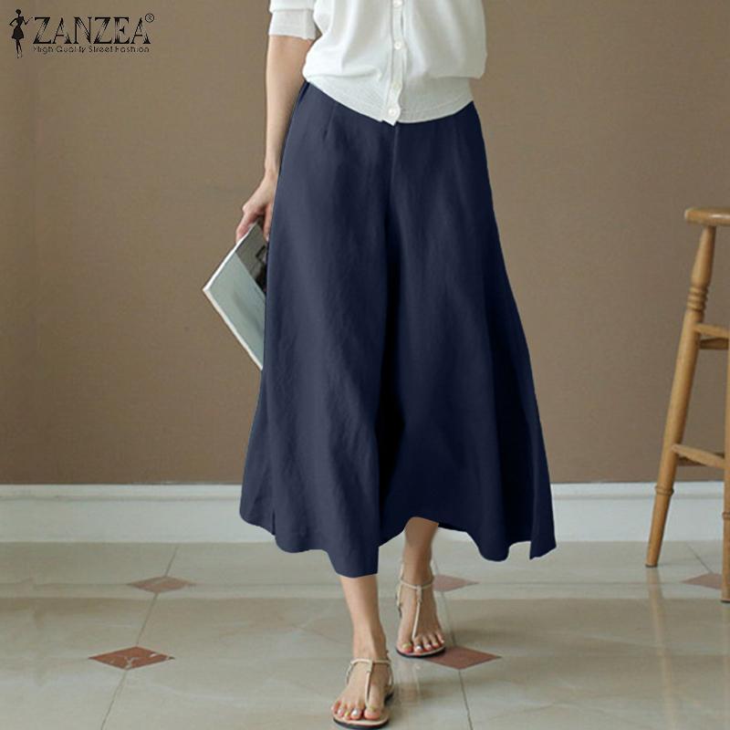 ZANZEA Damen Lässig Elastischer Bund Locker Sommer Weitbein Cropped Hose