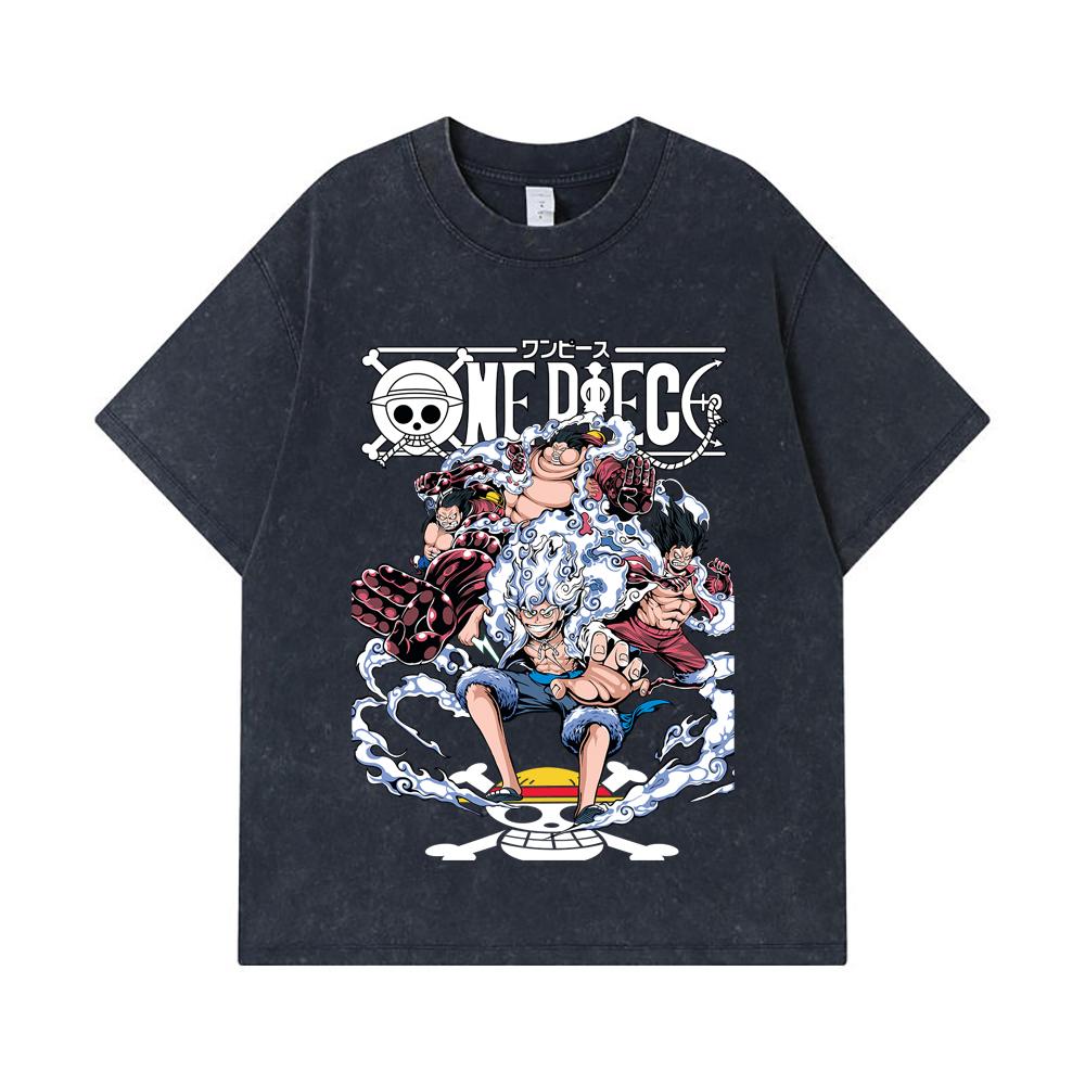 275 GSM Washed T-shirts 100% Cotton One Piece V30 Luffy Gears Print Unisex Heavy Cotton T Shirt