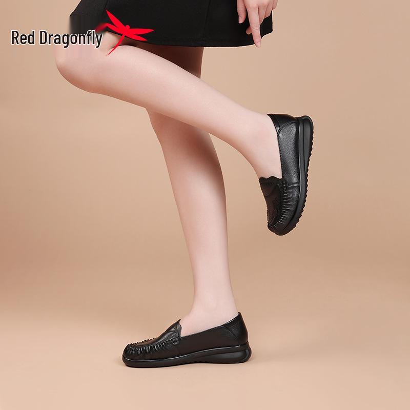Red Dragonfly Women's Spring Loafers - Genuine Leather Non-Slip Slip-on Shoes for Middle-Aged and Elderly with Soft Cowhide Sole
