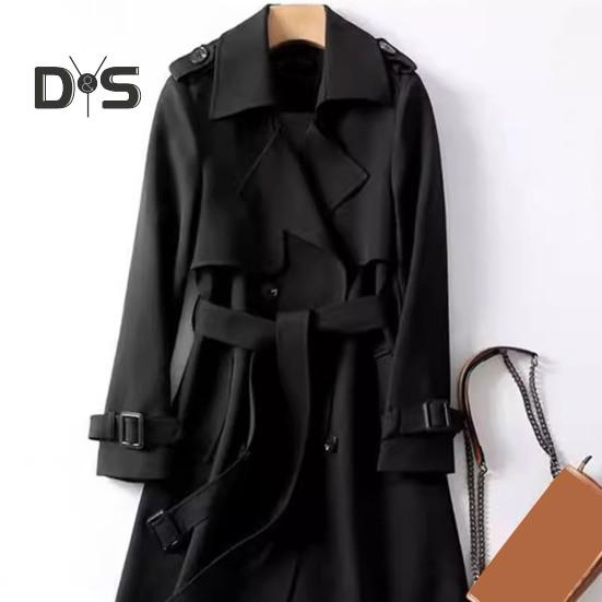 Damen Windjacke Umlegekragen Lockerer Mantel in reiner Farbe Zweireihig Lange Ärmel Gürteldekor Mantel Mittellang mit Taschen Winddicht Lady