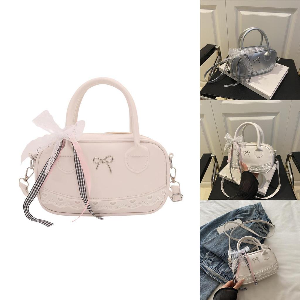 Simple Solid Color Silver Bow And Lace Decoration Women Casual Shoulder Bag For Daily Use