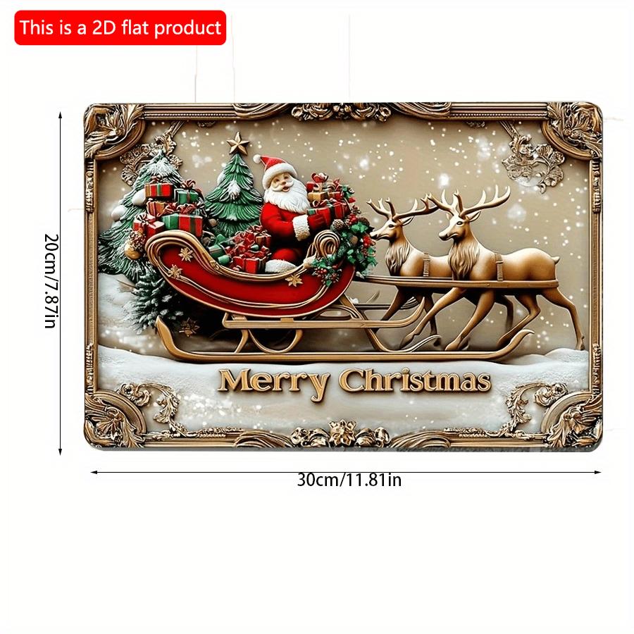 2d Flat 30*20cm, Glam Style Wooden Wall Hanging Decorative Sign, Festive Santa with Reindeer and Gifts Christmas Theme, Multipurpose Holiday, for Home