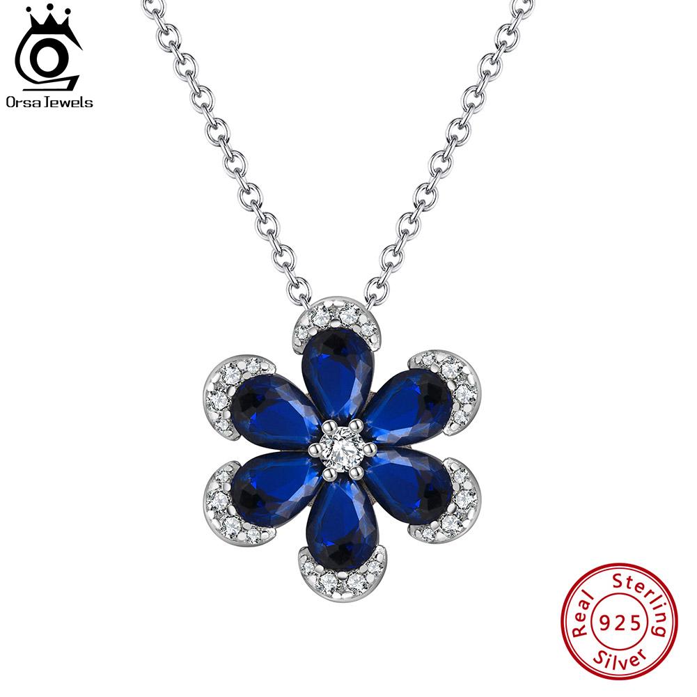 ORSA JEWELS Shiny Created Sapphire Flower Pendant 925 Silver 5A CZ Necklace Engagement Wedding Jewelry for Women LZN17