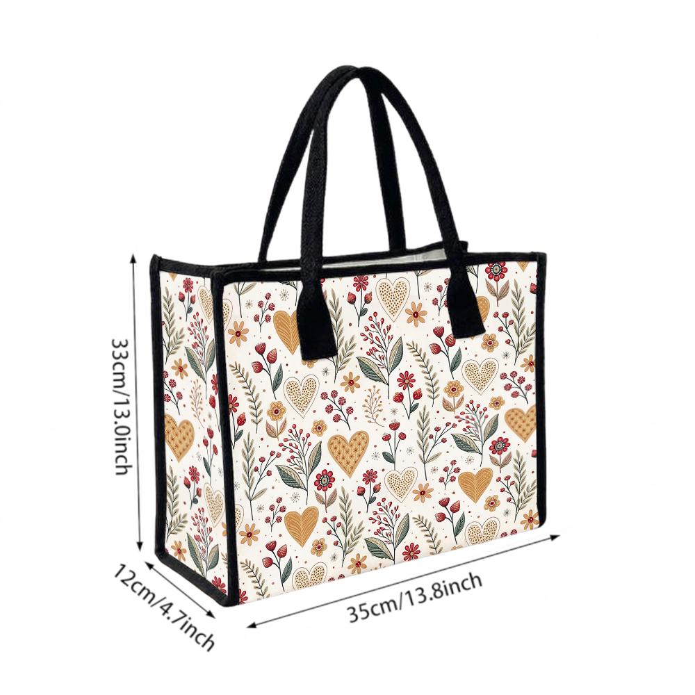 Boho Floral Heart Tote Bag Stylish Large Capacity Daily Use Canvas Handbag
