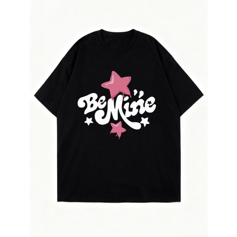Oversized T Shirt Black Be Mine Star Print Graphic Tee Casual Wear for Women Valentine's Day Gift Top