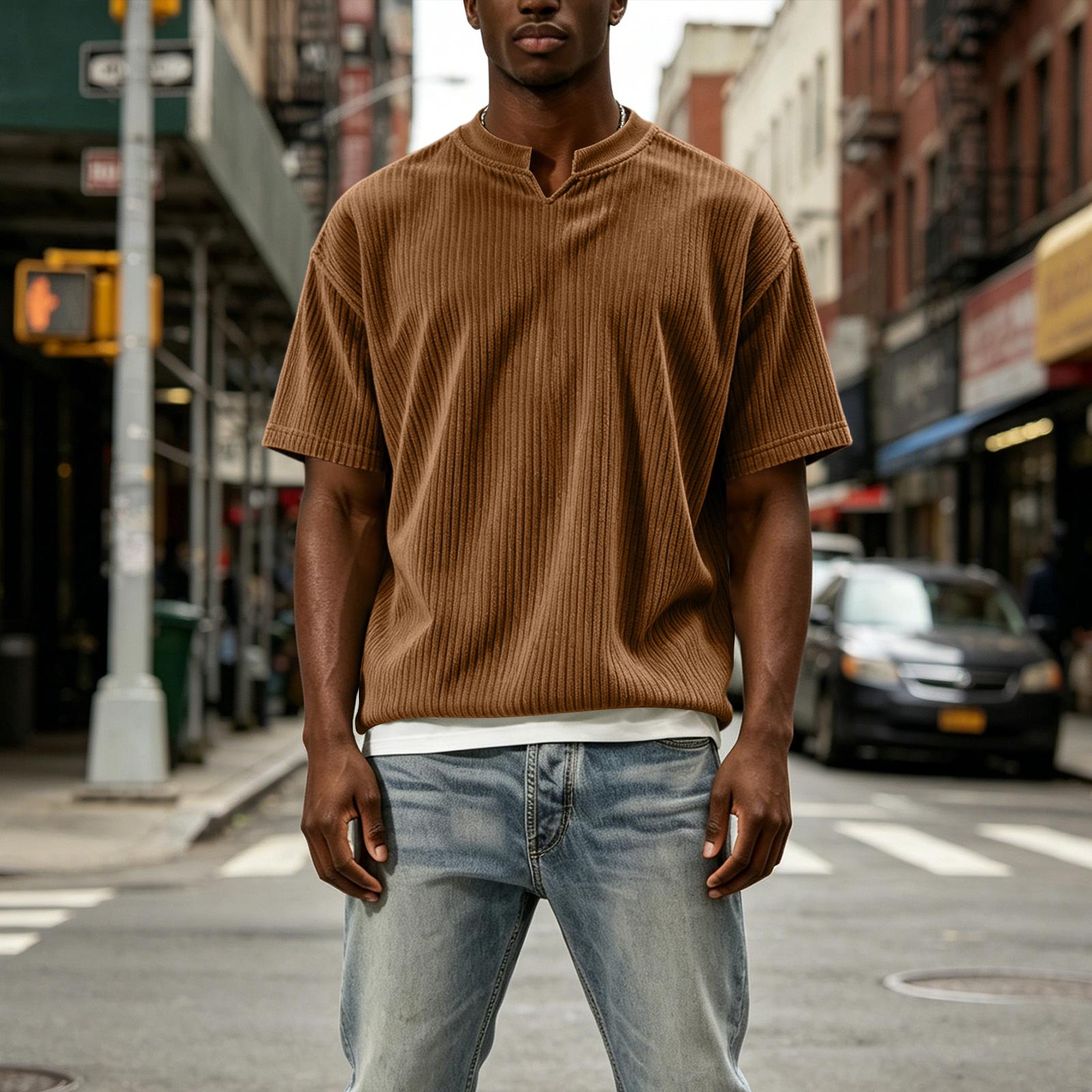 Men Casual Short Sleeve Top Two Piece Layered Look Ribbed Texture Crew Neck Summer Shirt XXXL коричневый