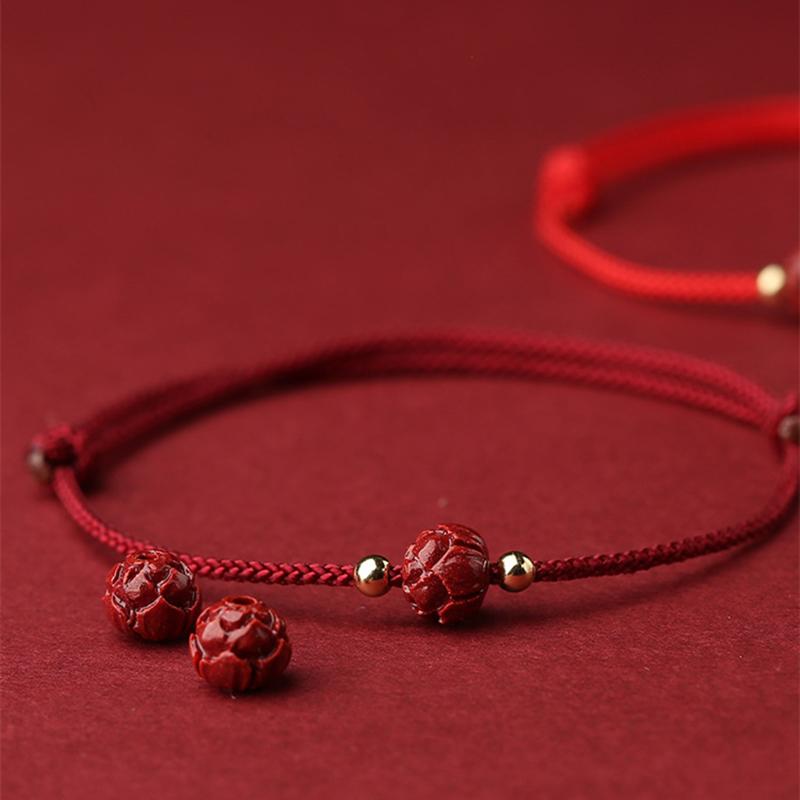 Good Luck Red Gold Color Cinnabar Beads Natural Stone Lotus Bracelet for Women Couples Bracelet Party Jewelry Gift