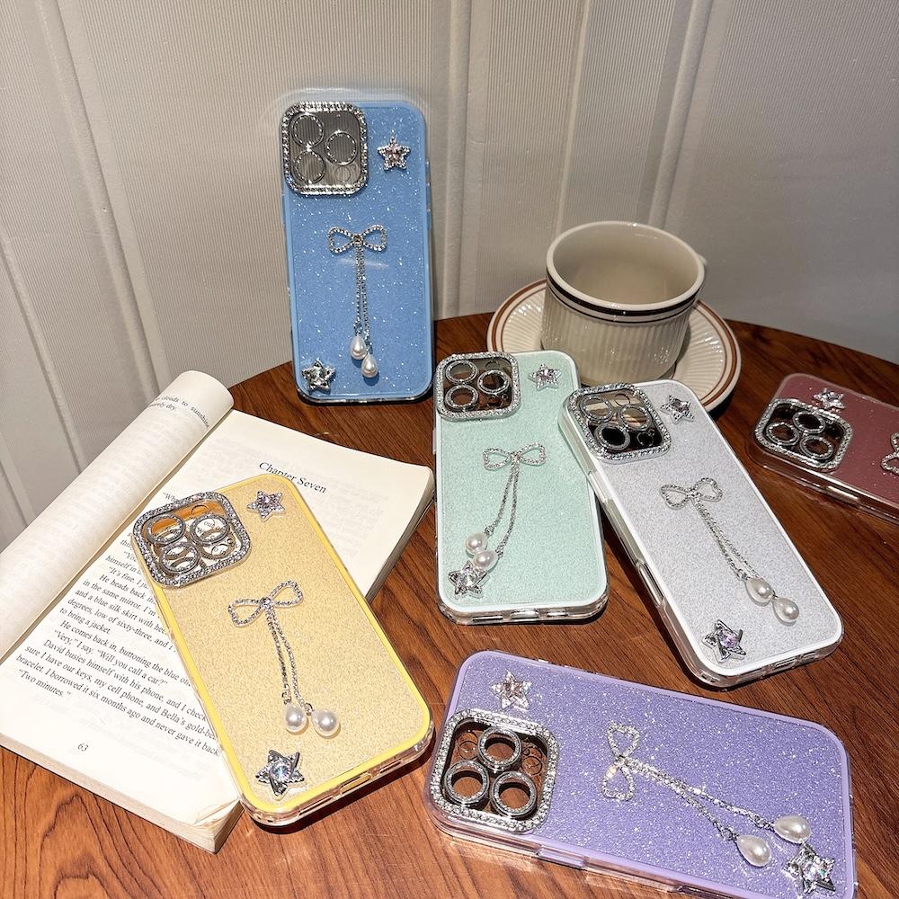 Luxury Shinny Diamond Star Glitter Bow Case for iPhone 16 Pro Max 15 13 14 Plus 12 11 Pro Max Cute Shimmering Protective Cover
