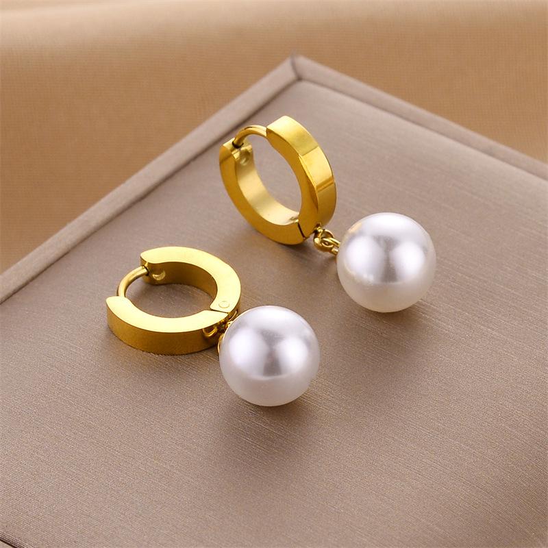 Retro Faux Pearl Titanium Steel Hoop Earrings