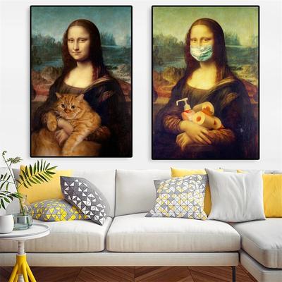 Komik Tasarım Ünlü Sanat Poster Mona Lisa ve Kedi Baskıları Tuval Resimleri Vintage Yağlıboya Duvar Sanatı Banyo Ev Dekorasyonu