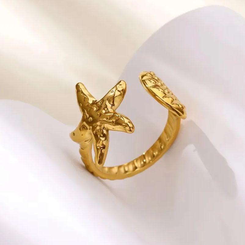 Starfish Shell Rings for Women Gold Color Stainless Steel Starfish Adjustable Ring Summer Ocean Style Jewelry Beach Accessories