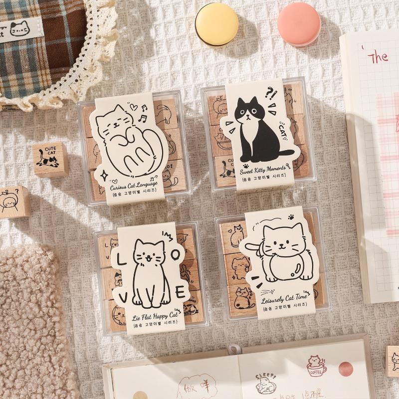 9 Pcs Beech Wood Cute Kittens Daily Series Rubber Stamps Set Cartoon Cat Seal for Journaling Planner Diy Scrapbooking Decoration