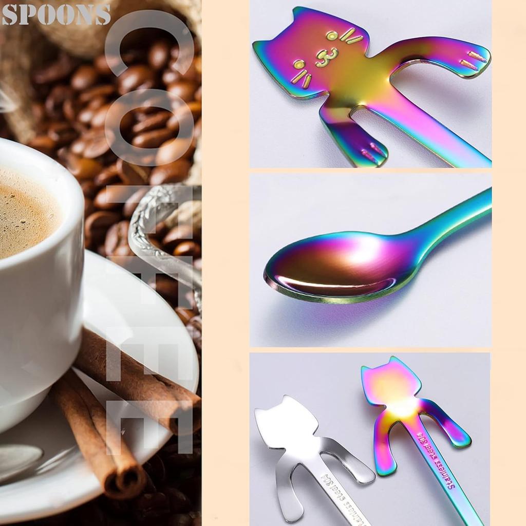 Cat Spoon Coffee Teaspoon, PBIEHSR Stainless Steel Hanging Cup Tea Spoon Two Different Lengths Dessert Scoop for Stirring Drink Mixing Milkshake Jam,