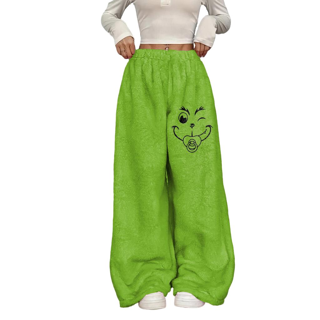 Women's Casual Christmas Print Elastic Waist Loose Fit With Plush Wide Leg Pants