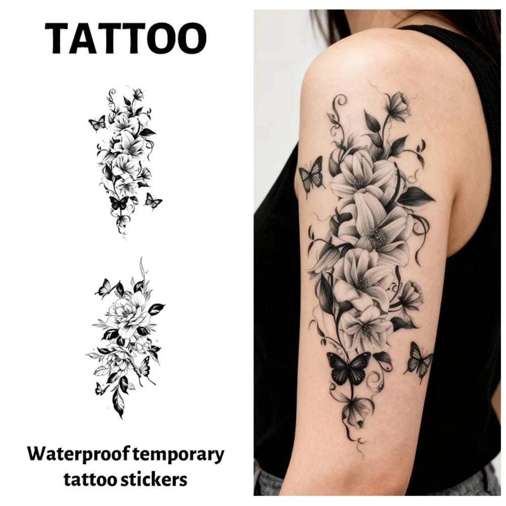 Blumen & Schmetterling Temporäre Tattoo-Sticker, Langanhaltend und Wasserdicht, Realistische Fake-Tattoos für Frauen, Für Arm, Brust, Bein
