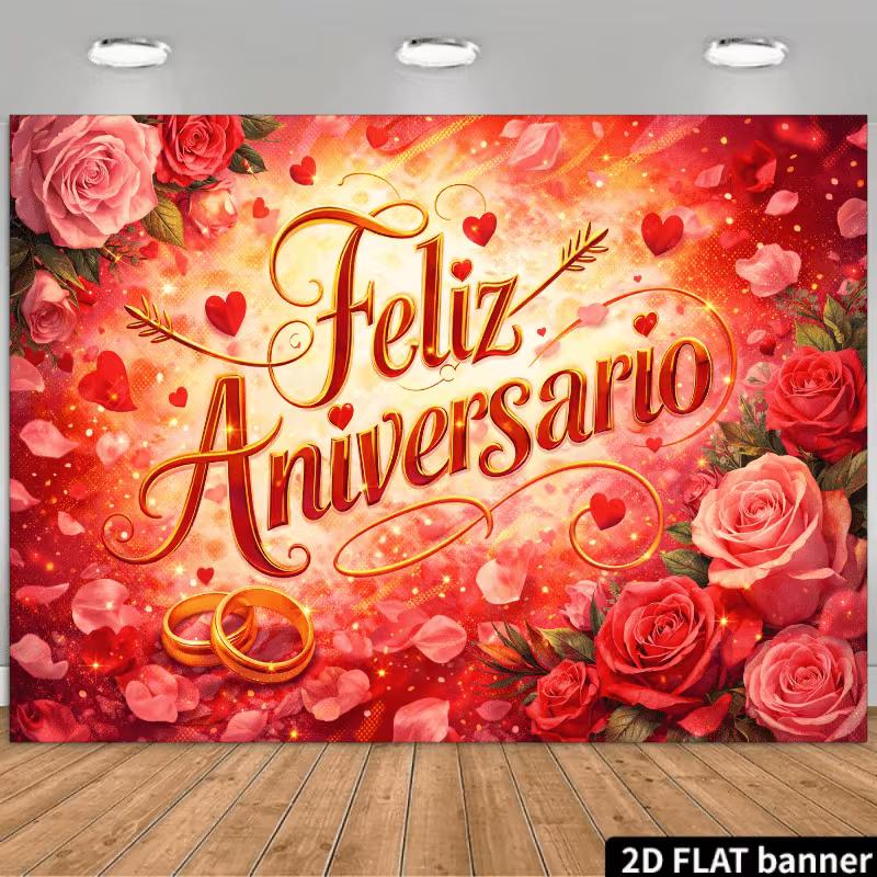 

2D Wedding Anniversary Backdrop, Golden Rings & Roses Photography Banner 47.2x31.5inch/120*80cm