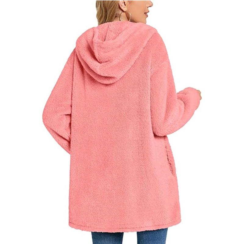 Women's Long Sleeve Button Pocket Casual Plush Hooded Jacket