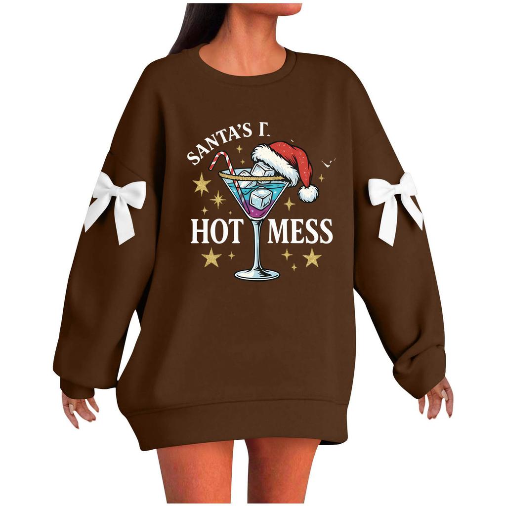 Ladies' Christmas Printed Bow Round Neck Long Sleeved Loose Pullover Sweater Sweatshirt Top