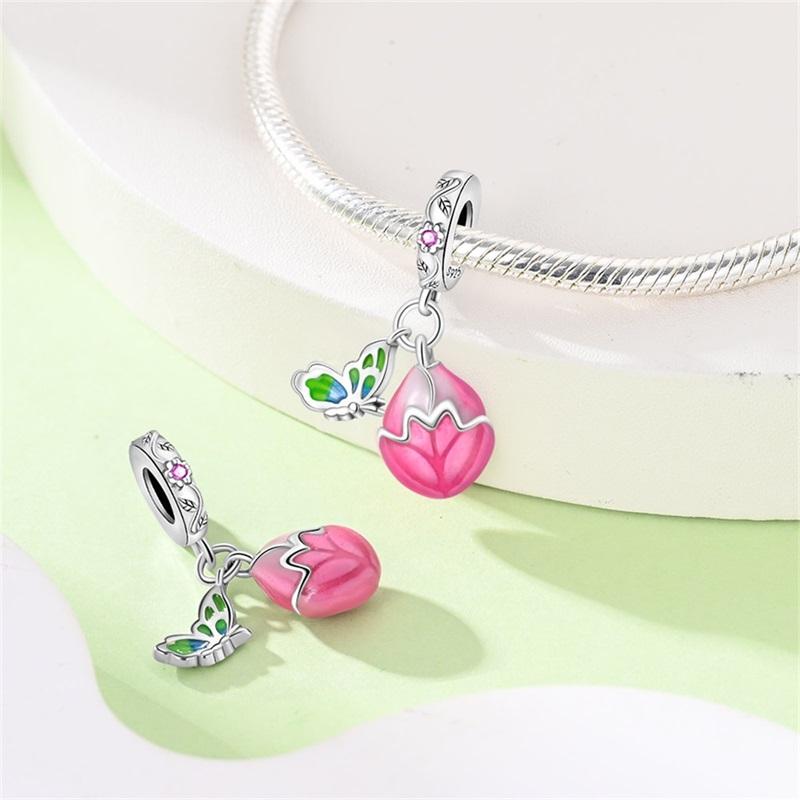 Spring 925 Silver Flowers Shining Tulip Butterfly Gem Charms Beads Fit 3mm 925 Exquisite Bracelets Fine DIY Warm Jewelry Gift
