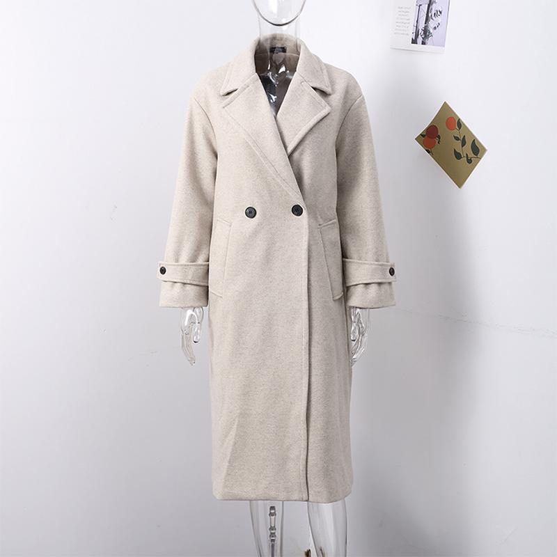 Women Fashion Wool Blend Warm Long Coat Autumn Winter Loose Pocket Double-breasted Jacket Elegant Lapel Overcoat