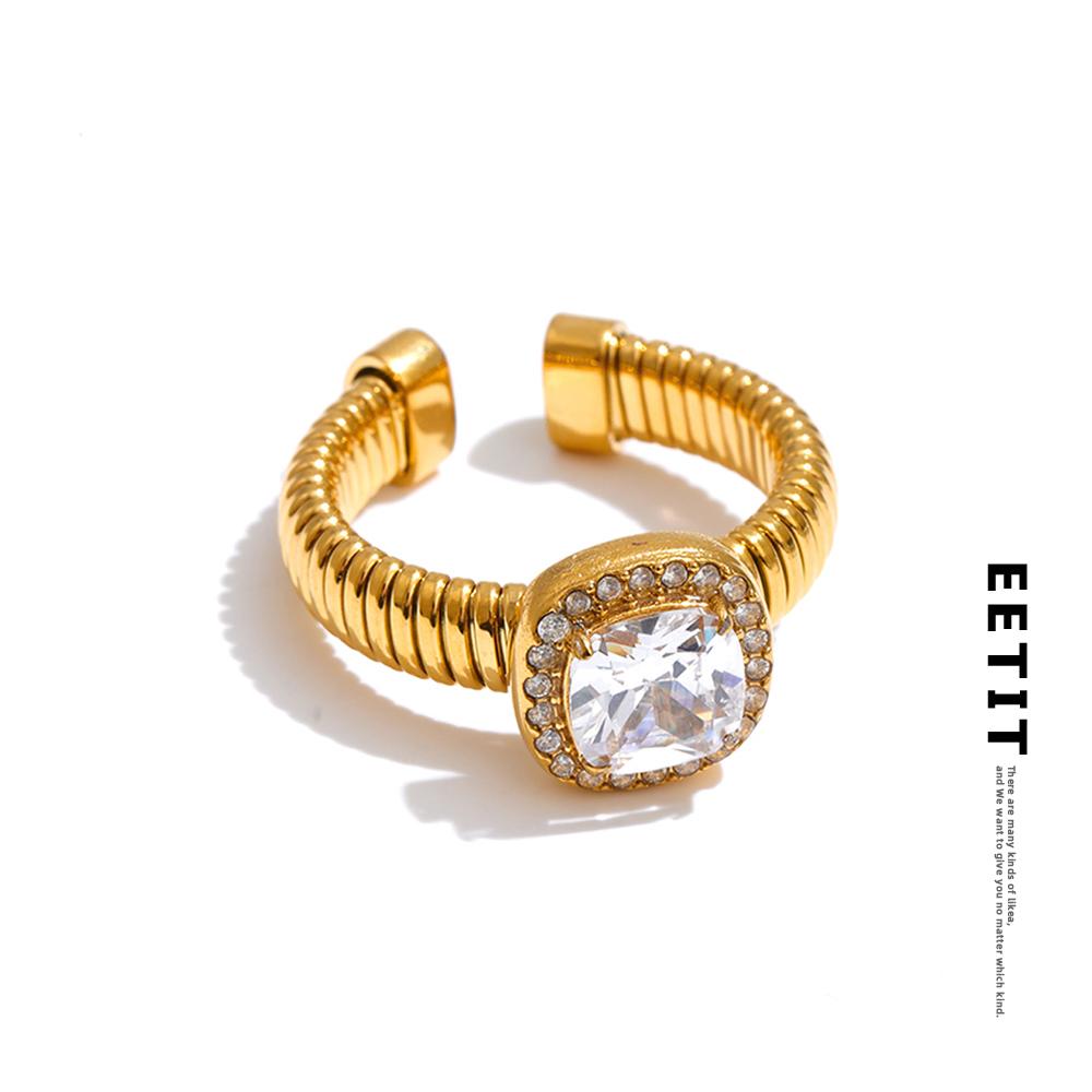 Eetit Stainless Steel Open Ring Finger Jewelry Fashion Square Cubic Zirconia Adjustable Ring for Women 18K Golden PVD Plated