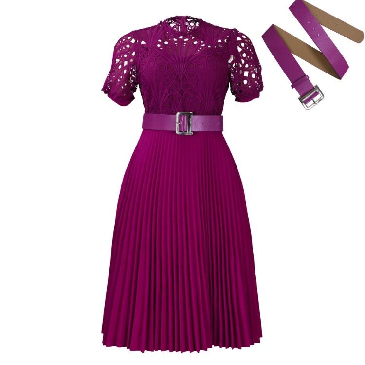 2024 European American Style Women Lace Pleated Short Sleeve Dress