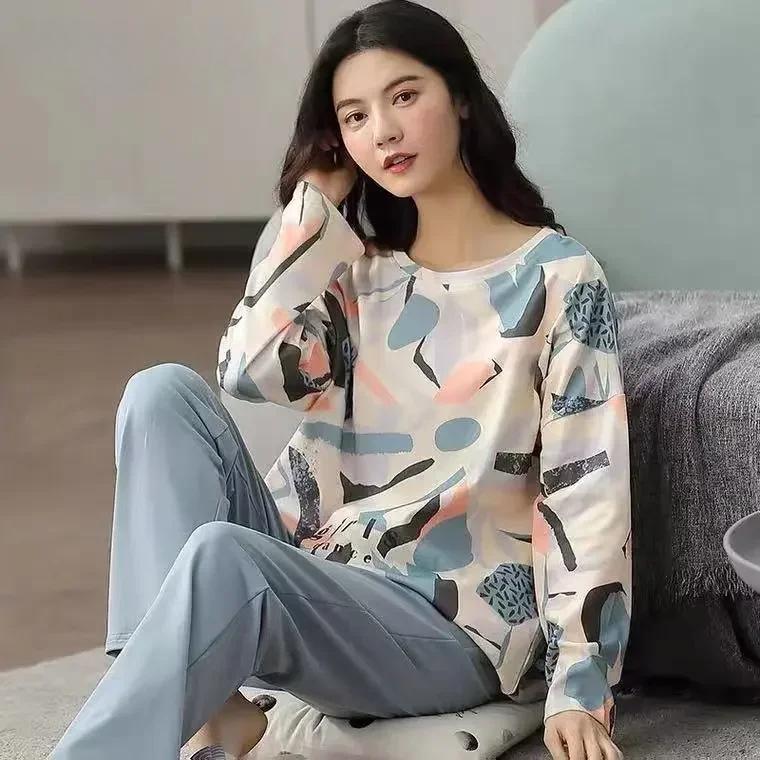 Herbst Frühling Frauen Neue Pyjamas Set Langarm Rundhals Frau Nachtwäsche Pringitng Mädchen Casual Loungewear