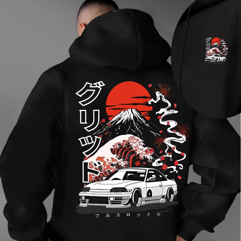 A Men'S Casual Stylish Japanese-Inspired Hoodie Featuring Mountain And Freedom Elements, Long-Sleeved Pullover, Regular Fit.
