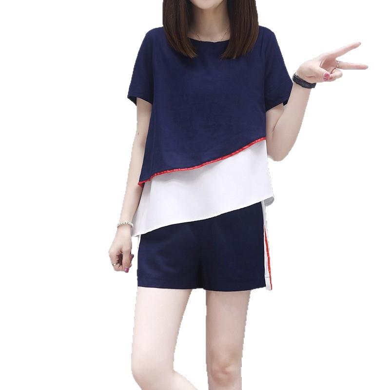 

Асимметричный летний комплект из двух частей для прикрытия живота, новый корейский свободный топ, шорты, повседневный модный костюм 2XL