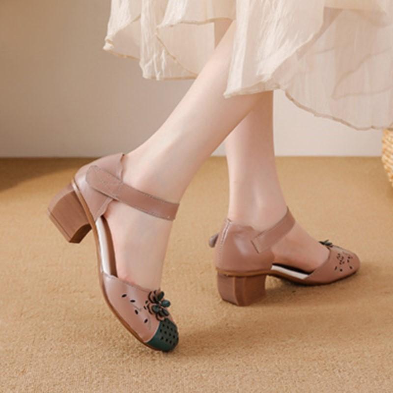 Johnature Ethnic Style Sandals Genuine Leather Thick Heel Flower Mixed Colors Women's Shoes