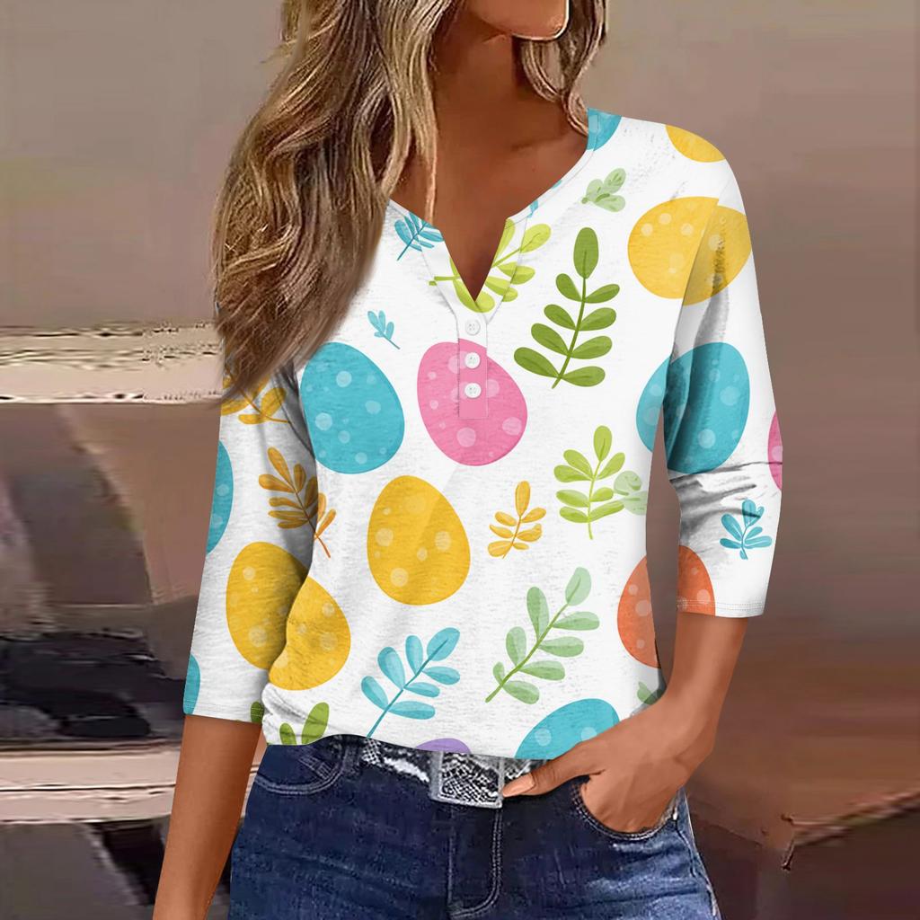 Women's Fashion Casual Easter Printed V-neck Short Sleeve Decorative Button Seven Sleeve T-shirt Top