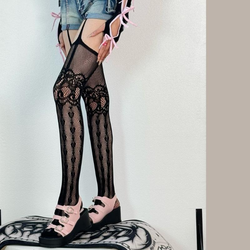 Women Subculture Fishnet Mesh Thigh High Stockings Sweet Heart Patterned Hollowed Garter Belt Pantyhose Suspender Tights