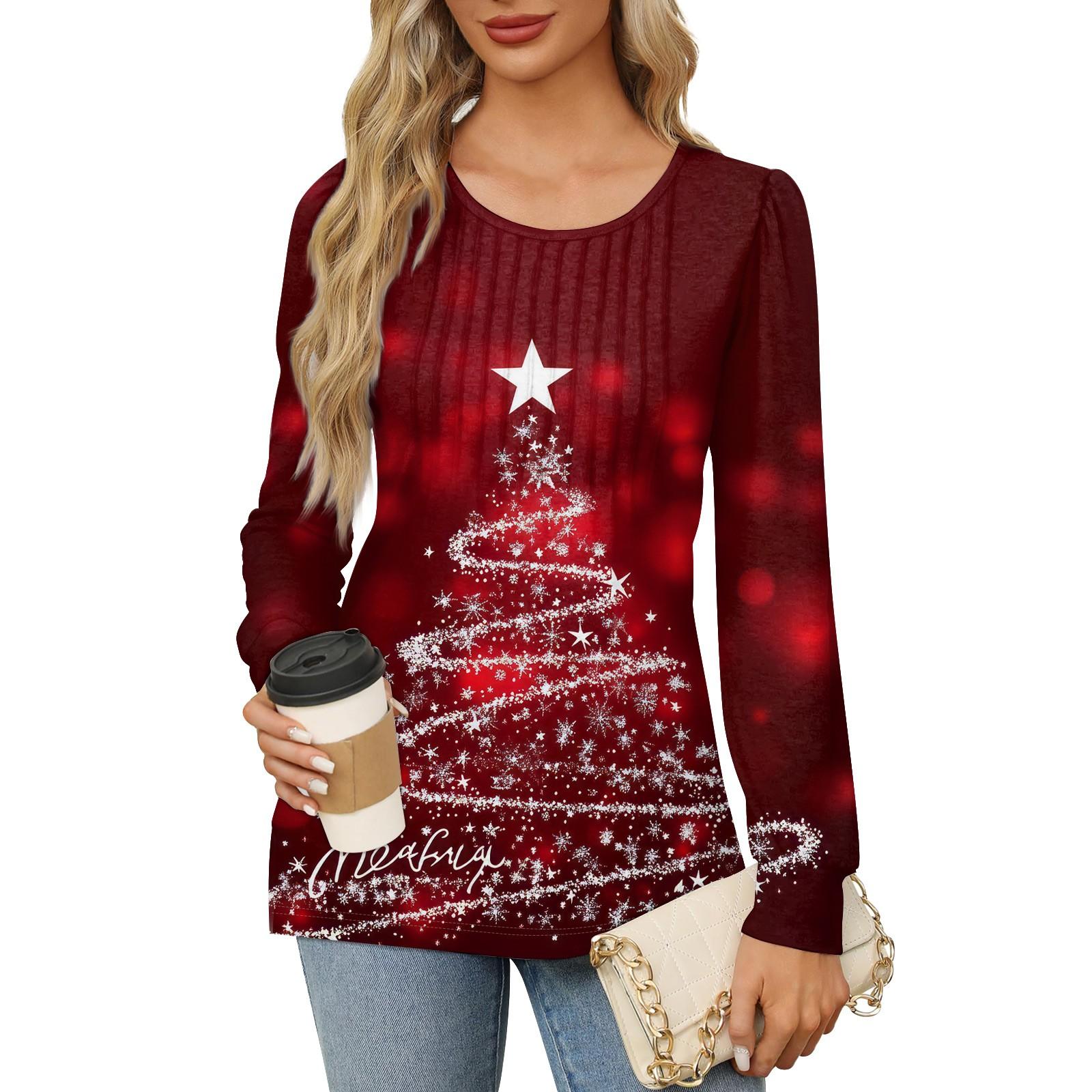 

Рубашки с длинным рукавом для женщин Милые принты Графические футболки Блузки Нарядные повседневные блузки Плиссированные туники с круглым вырезом Топы Рождество XL винный