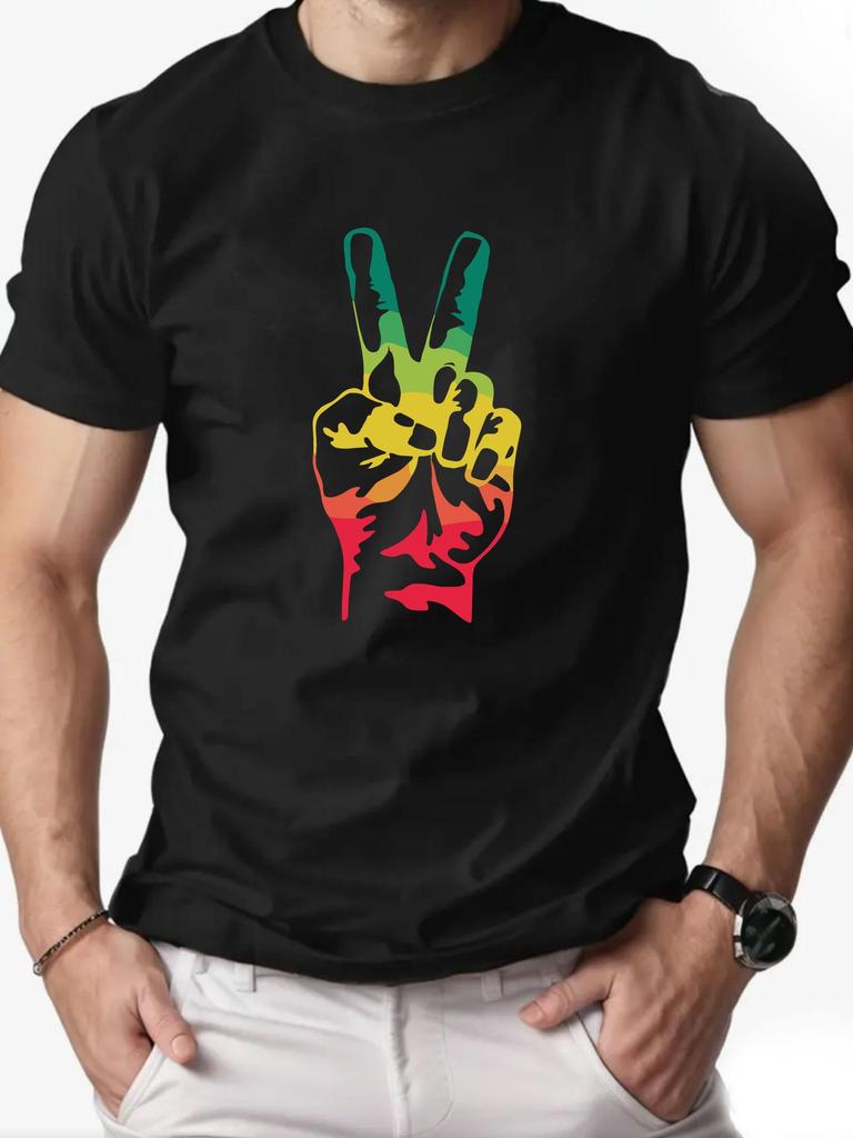 Unisex O Neck Tee Rainbow Peace Hand Gesture Print Cotton Short Sleeve Loose Summer Breathable Daily Casual Basic Wear Top