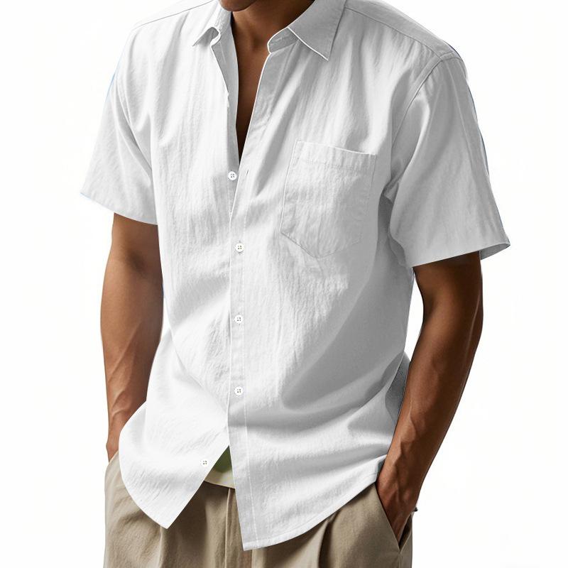 2025 Summer Men Short Sleeve Shirt Men Solid Color Patch Pocket Shirts Male Loose Lapel Linen Shirt Men Formal Beach Shirt