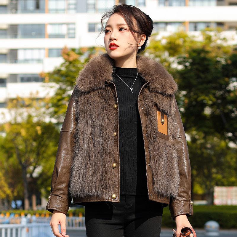 

Women s Faux Fox Fur Leather Jacket - Warm, Thickened Fashion Coat XL (55-60kg)