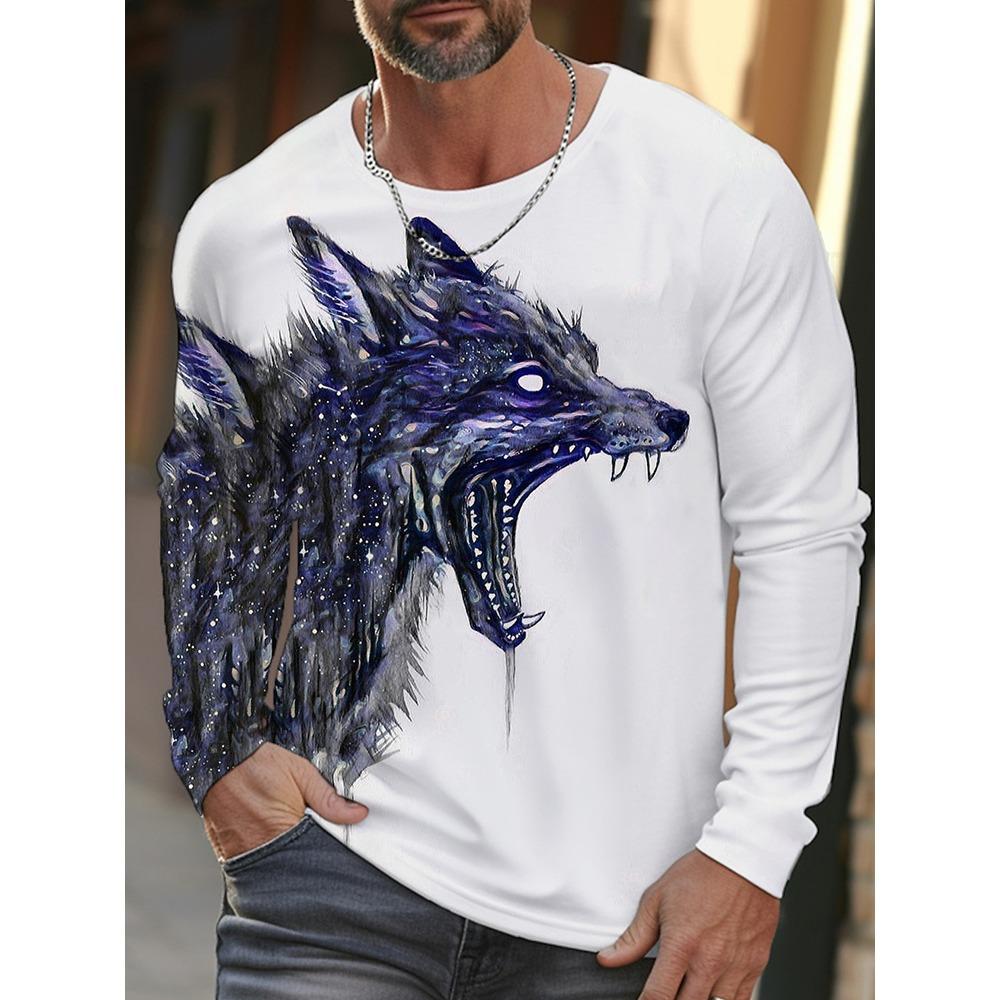 2025 3D Wolf Pack Print Men's Long-sleeved T-shirt Street Style Men's Warm Top For Autumn And Winter Daily Casual Men's Shirt