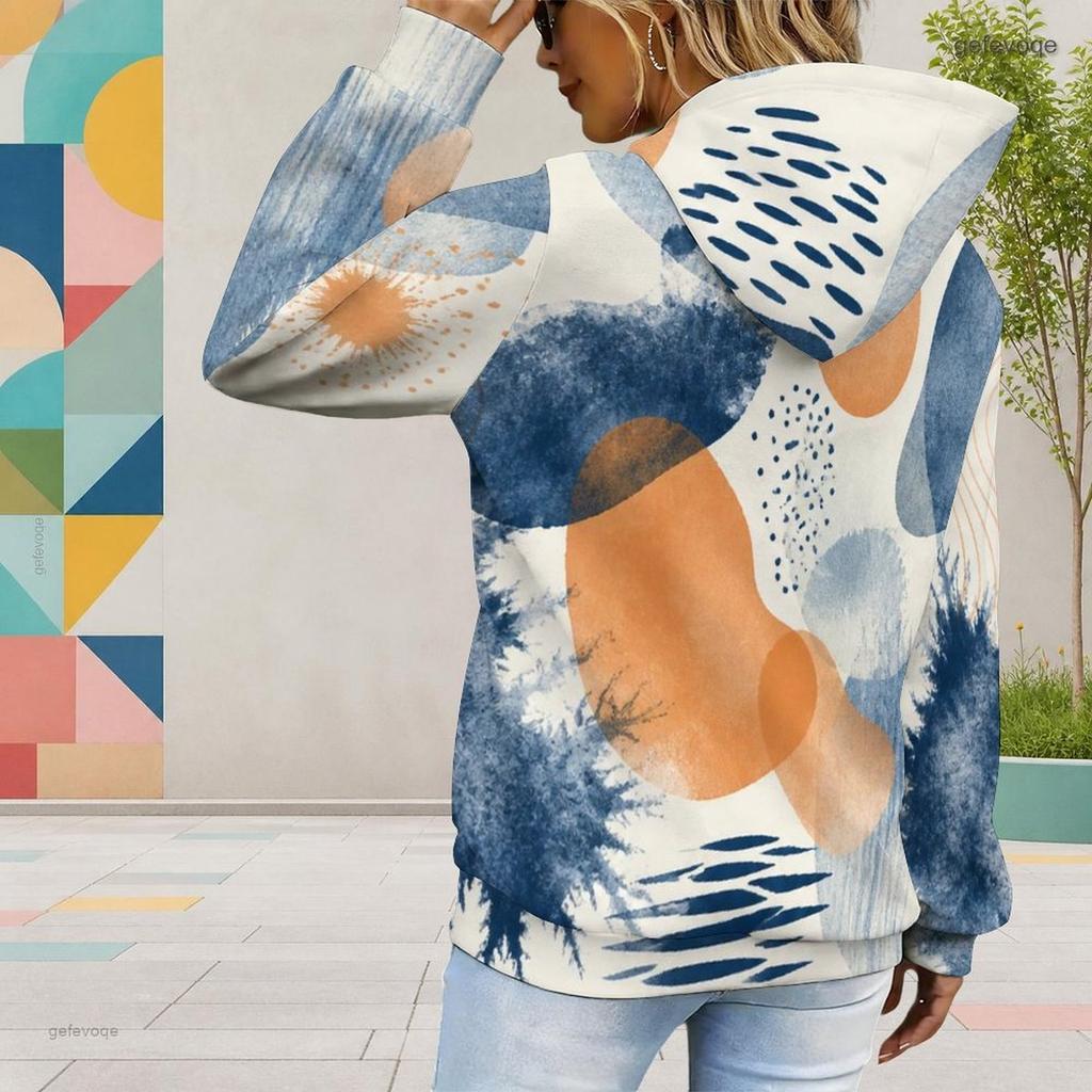 Women Plus Size Abstract Printed Long Sleeve Drawstring Hoodie Kangaroo Pocket Pullover