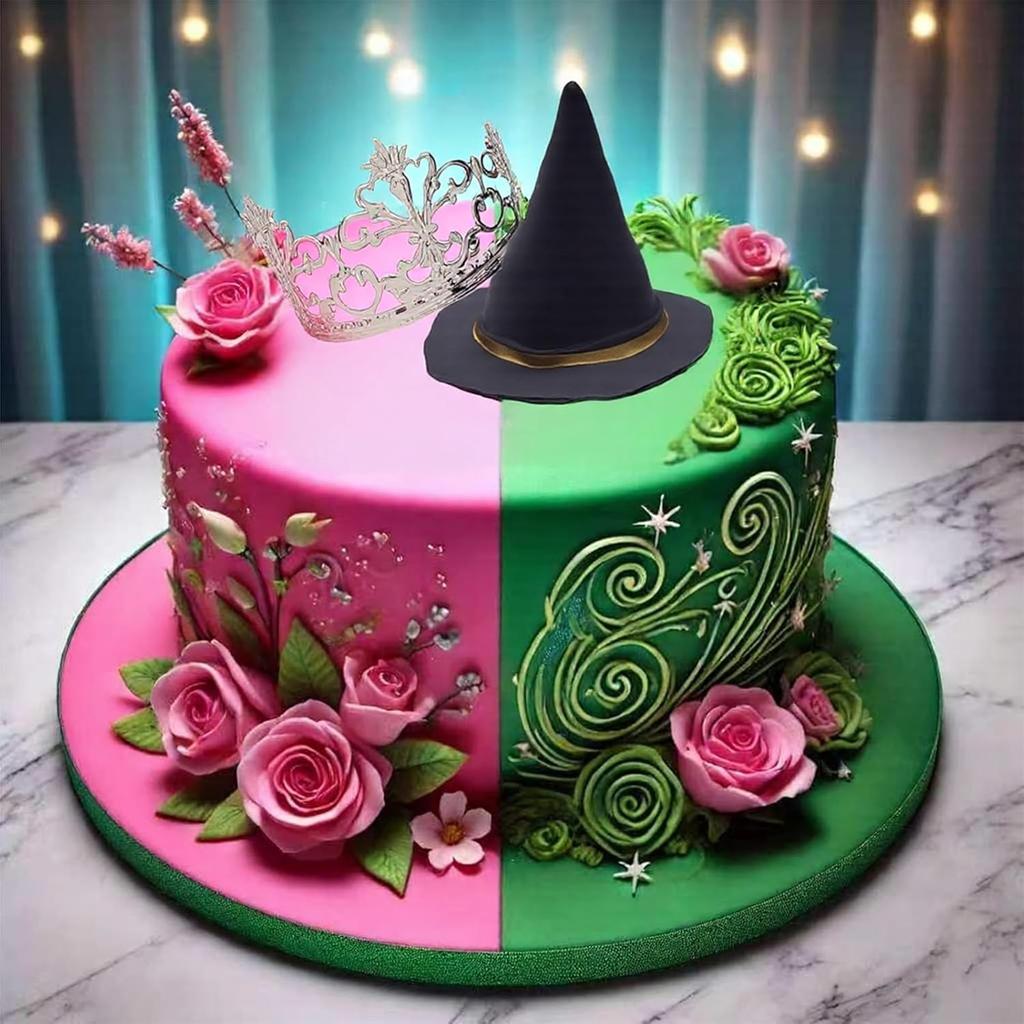 17 PCS Witch and Princess Theme Cupcake Toppers, Mini Witch Hat Silver Alloy Crown for Pink and Green Birthday Party Decorations
