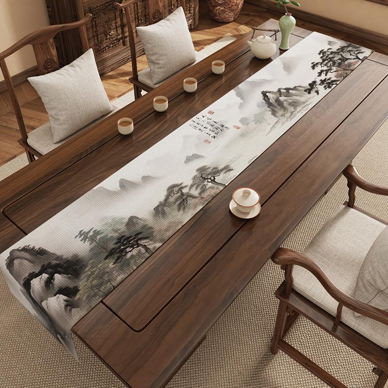 Chinese Calligraphy Table Flag Zen Tea Party Chinese Style Light Luxury High-end Tea Table Mat Long Tea Tablecloth