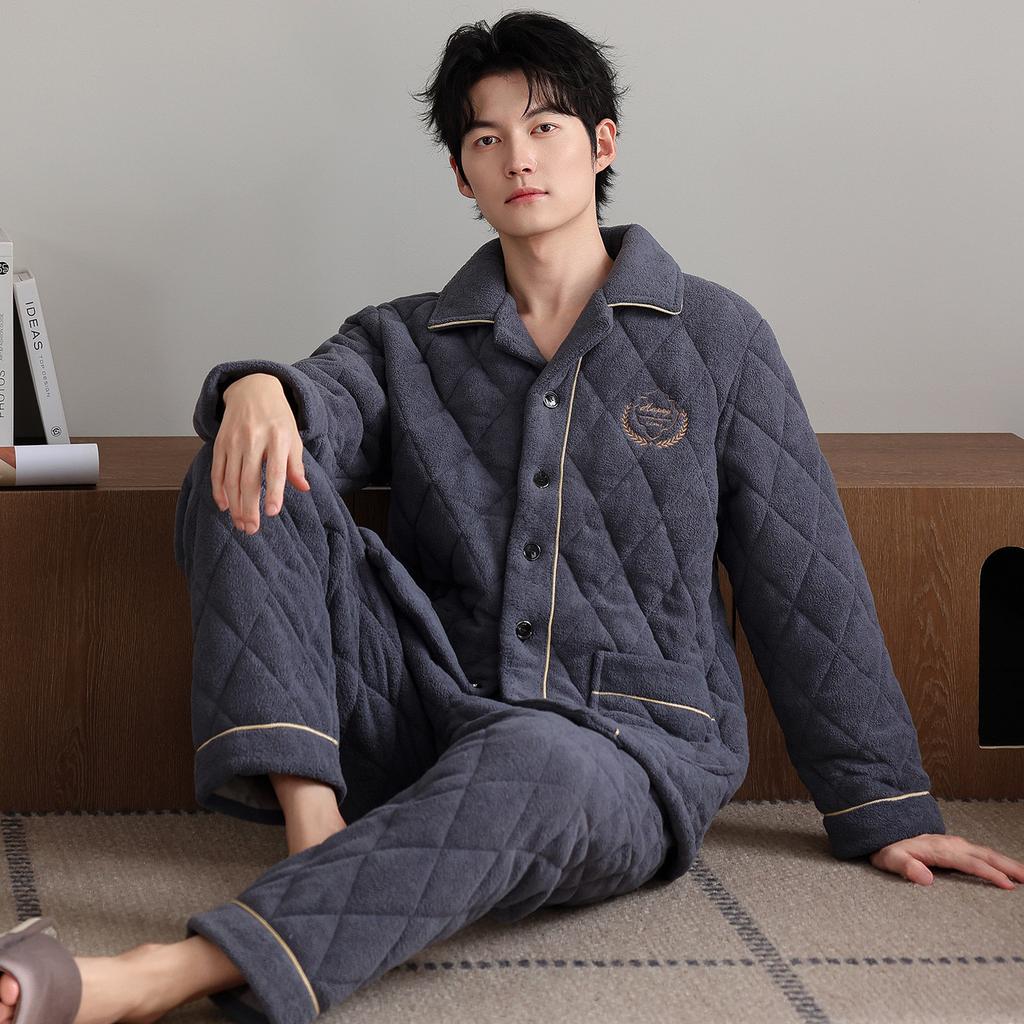 Winter padded pajamas men's thickened coral fleece three-layer warm homewear winter super thick can be worn outside large size padded jacket