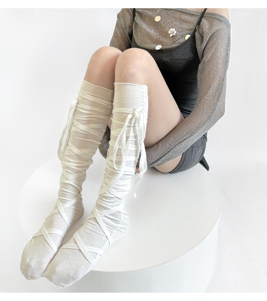 Korean Casual Balletcore Sock for Girl Sheer White Knee-High Stockings Adjustable Ribbon Bow Ties Romantic Bow Accent Legwear