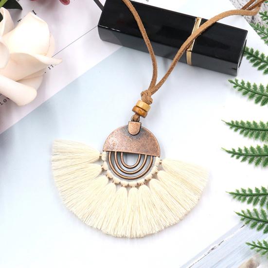 Bohemian Ethnic Style Sweater Necklace Alloy Fan Shaped Cotton Thread Tassel Women Necklace Jewelry Accessories