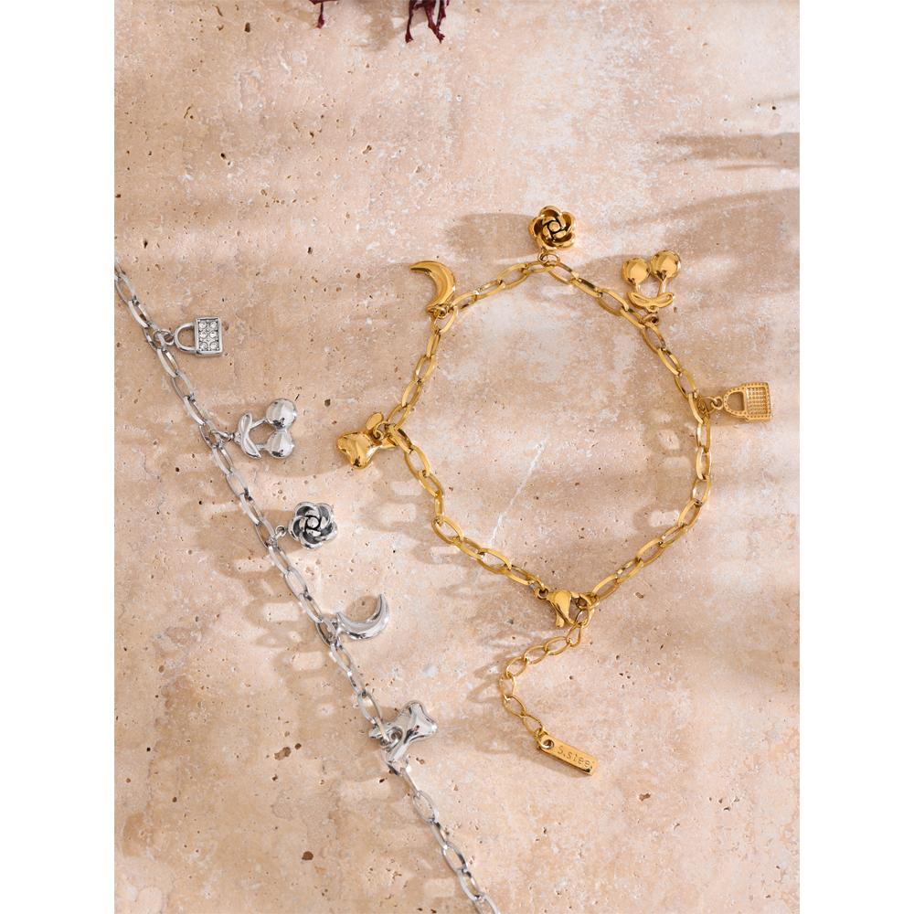 Yhpup Trendy Stainless Steel Flower Cherry Moon Drop Chain Bracelet Bangle Waterproof Fashion Arrivals Wrist Jewelry 2025