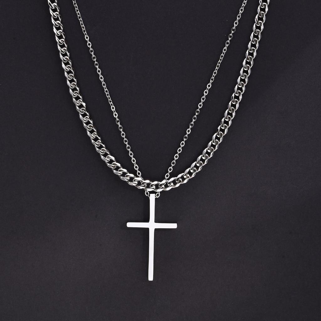 Men Double Layered Chain Cross Charm Pendant Necklace, Stainless Steel Stacking Set Choker Collar Gifts To Him