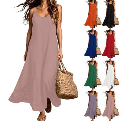 Damen Bohemian Urlaubs-Einfarbig Ärmellos V-Ausschnitt Maxikleid Leicht Lässig Lockerer Schnitt Sommer-Sonnenkleid