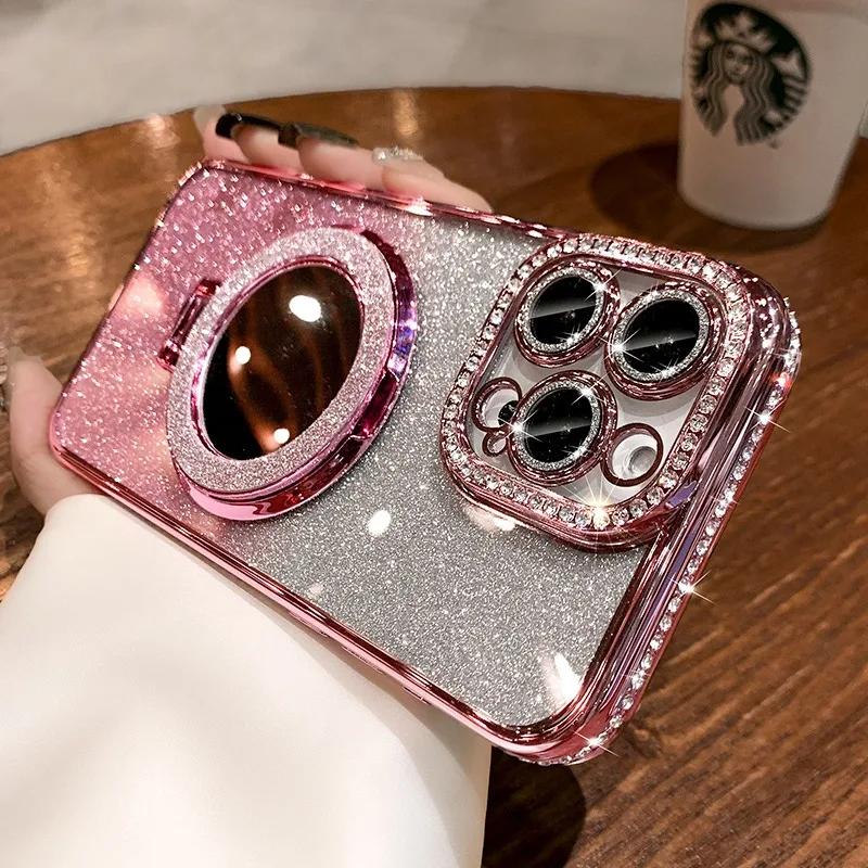 Luxury Diamond Clear Glitter Magsafe Case suit For iPhone 16 14 13 12 11 Pro Max 15Plus Mirror Magnetic Phone Holder Stand Cover