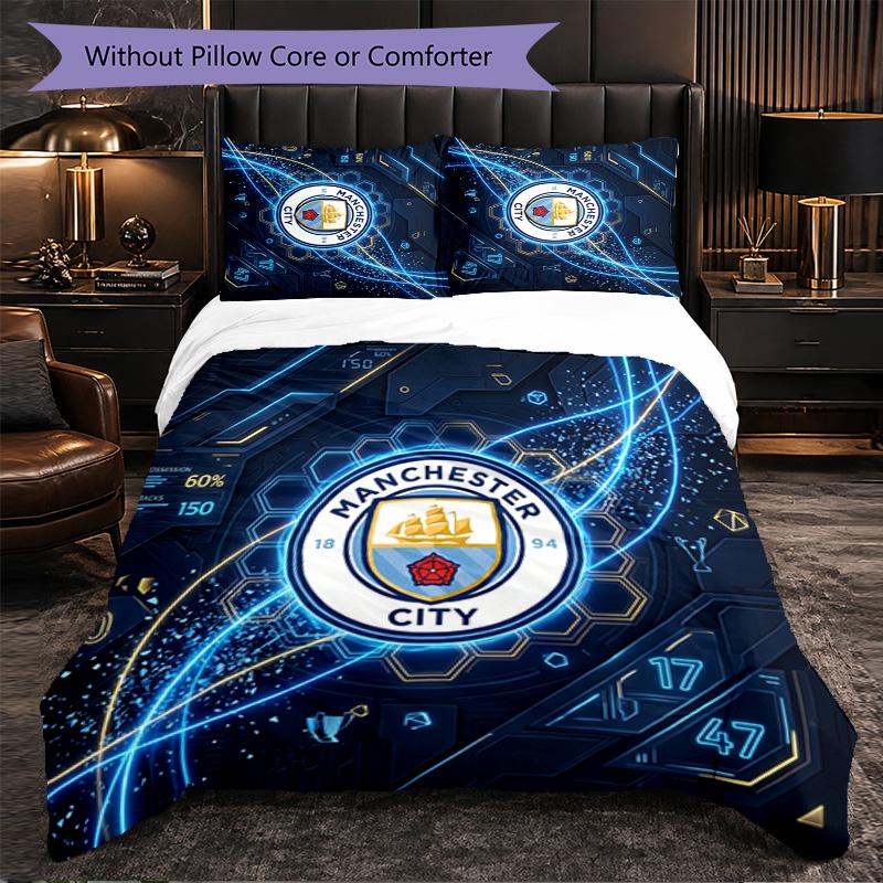 Manchester City Pattern 3 Pieces Bedding Set Soft Microfiber Duvet Cover with Pillow Cases for Bedroom