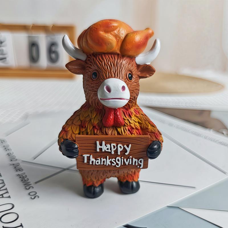 Halloween & Christmas Highland Cow Ornament Cute Resin Farmhouse Animal Figurine Funny Decorative Cow Statue Tabletop Home Decor