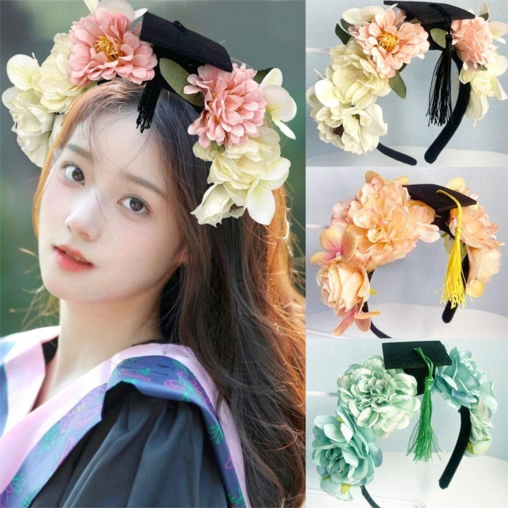 Bachelor Flowers Hair Band Doctor Academic Hat with Tassels Durable Trencher Cap  Graduation Party